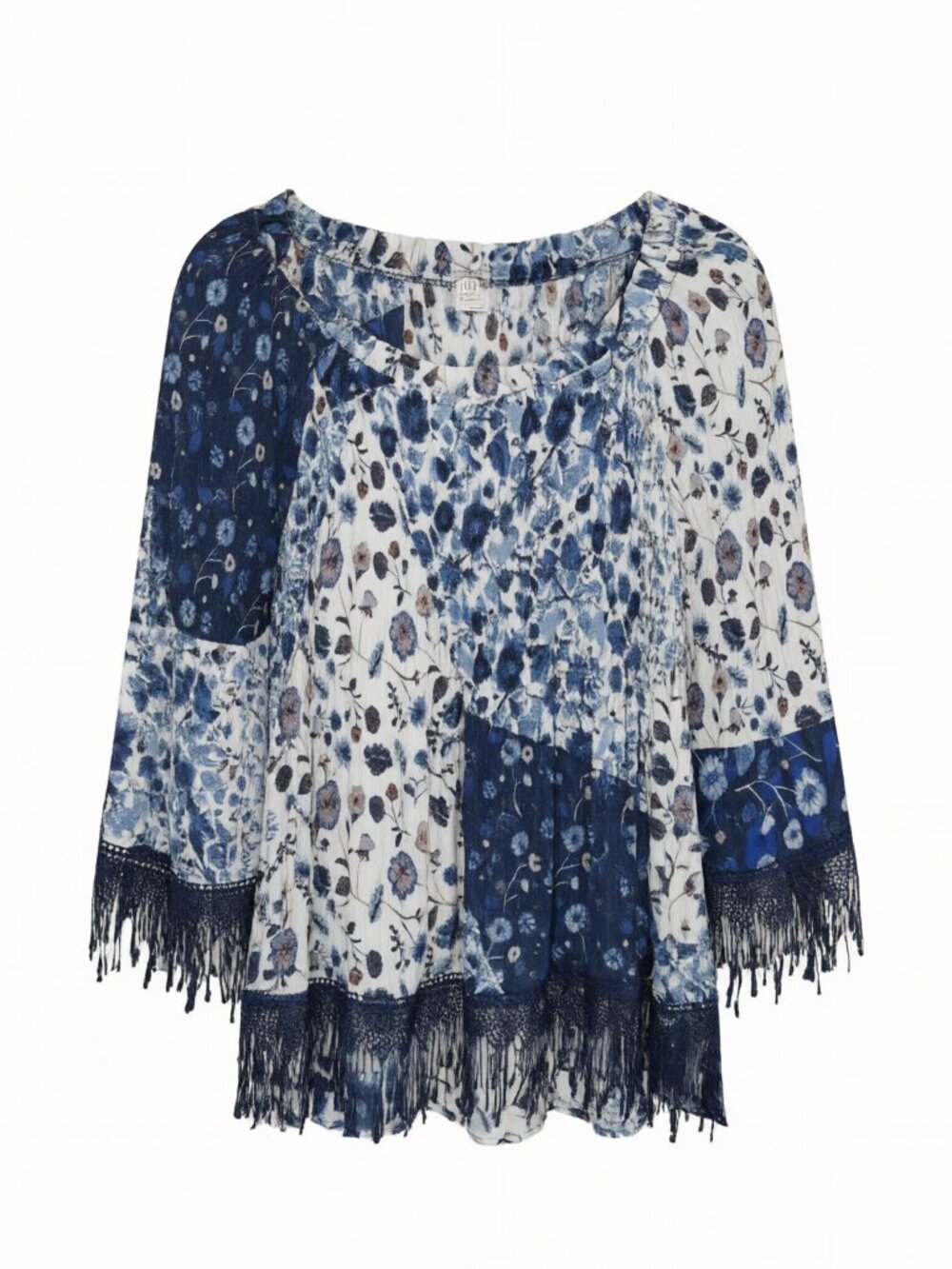 Spense Women's Floral Patchwork Peasant Blouse M Blue Fringe Polyester